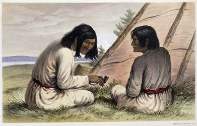 Índios Nasquapee: "Otelne, a língua; Arkaskhe, a flecha" - em "Exploration of the Labrador Peninsula", de Hind, Henri Youle