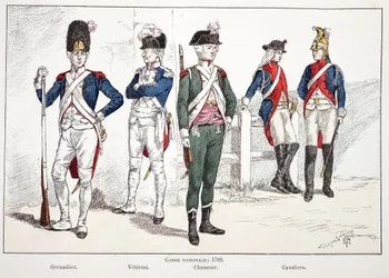 Guarda Nacional, em 1789, da esquerda para a direita: o granadeiro, o veterano, o caçador e os cavaleiros. Água-forte a cores para ilustrar o livro «História do corpo dos guardiões da paz», publicado sob os auspícios de Louis Lépine (1846-1933), pre