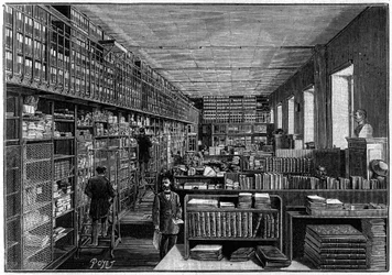 Biblioteca Nacional em Paris: gabinete do catálogo. No andar de cima encontram-se as caixas com as peças de teatro. Gravura em «La Nature: revue des sciences et de leurs applications aux arts et à l