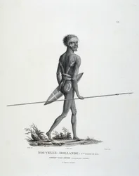 Nativo North-Gal-Derri de New South Wales of New Holland avançando para a luta - em "Journey of Discoveries to the Southern Lands" pelos senhores Lesueur e Peer