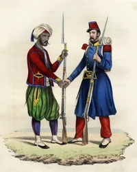Caçadores nativos e franceses do exército francês de África, na Argélia, em 1830. Em "Storia d