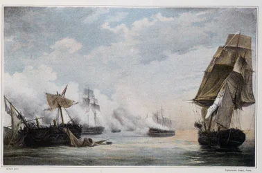 Batalha naval entre o navio francês "Formidable", e os navios ingleses, o "Cesar", o "Spencer", o "Venerable" e o fregate o "Thames" antes de Cádiz em 13 de julho