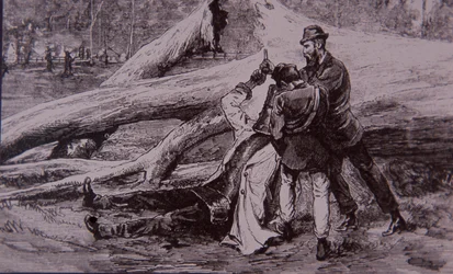 Ned Kelly capturado pelo Policial Kelly e pelo ferroviário Jesse Dowsett, 28 de junho de 1880 (gravura)