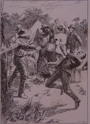 Ned Kelly mata policial Lonigan no Stringybark Creek em 1878 (gravura)