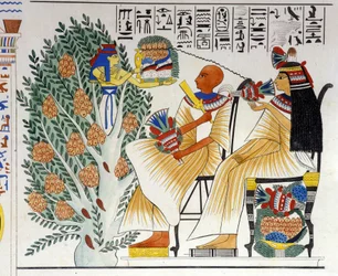 Nefthys, deusa egípcia, brota da árvore mística e oferece alimento ao falecido - em "Monumentos do Egito e da Núbia Superior" de Ippolito Rosellini (Rossellini). Século XIX.