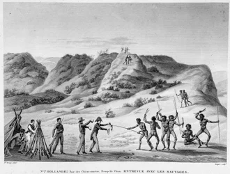 New Holland, Bay of Marine Dogs, Península de Peron: entrevista com os índios (encontro entre aborígenes e colonos) - gravura, deb. Século XIX