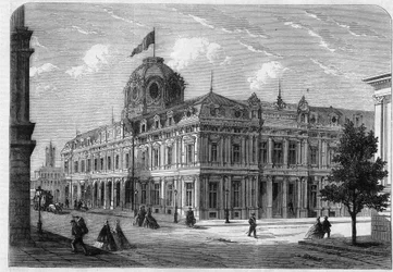 Nova corte comercial de Paris Quai de Corse (antiga Quai Desaix) na Ile de la Cite, construída segundo os planos do arquitecto Antoine Nicolas Louis Bailly (1810-1892) com o acordo do Prefeito Georges Eugene Haussmann (Barão Haussmann