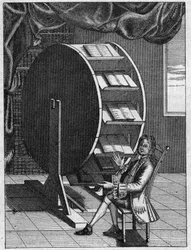 Nicolas Grollier de Serviere (1596-1689), inventor francês, tem a sua mesa de trabalho. (Fac-símile de uma gravura antiga). Gravura em "La Nature: Revue des sciences et de leurs applications aux arts et a l