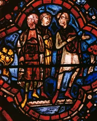 O filho, a mulher e a nora de Noé observam a construção da Arca (vitral)