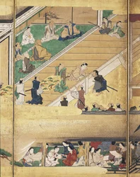 Noh Jogar: Funa Benkei (tinta, cores e ouro sobre papel, ecrã de seis painéis)