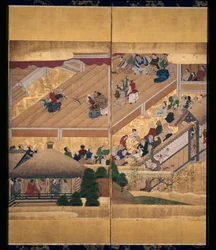Noh Jogar: Funa Benkei (tinta, cores e ouro sobre papel, ecrã de seis painéis)