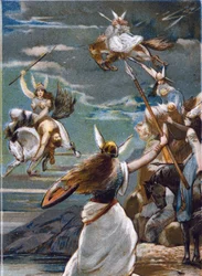 Mitologia nórdica: as valquírias (virgens guerreiras) em Valholl (ou Walhalla, Valhalla, Valhalle: lugar para onde são levados os guerreiros bravos) e a queda dos guerreiros em batalha. Cromolitografia do século XIX