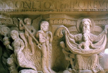 Arte Normanda em Monreale (Sicília): capitais do Cloitre dos Beneditinos representando Cristo e Deus.