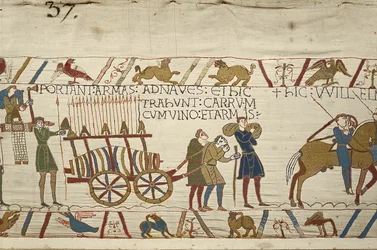 Normandos puxando uma carroça carregada de vinho e armas, Tapeçaria Bayeux (bordados de lã em linho)
