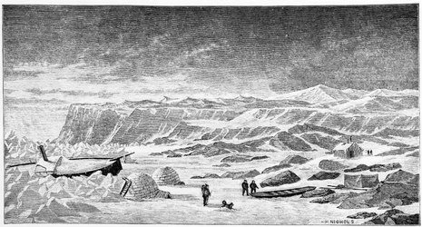 Pólo Norte: Igloos e barco quebra-gelo (Ice Breeze), desenho, Primavera de 1873.