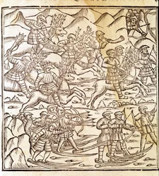 Caçadores noruegueses que viajam em esquis e renas. Gravura de Olaus Magnus (1490 - 1557), religioso e geógrafo sueco, "Historia de Gentis Septentrionalibus", Veneza