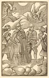 Agora, agora vede como cavalgam os santos peregrinos, as nuvens são as suas carruagens, os anjos são o seu guia, de «O Peregrino deste mundo para aquele que há de vir», de John Bunyan (1628-1688), Christian e