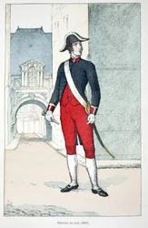 Oficial da Paz (1802). Gravura colorida, para ilustração do livro "Histoire du corps des gardiens de la paix" publicado sob os auspícios de Louis Lepine (1846-1933) prefet de police de la Seine, de Alfred Rey (1864-?) e Louis Feron (1862-?) ,