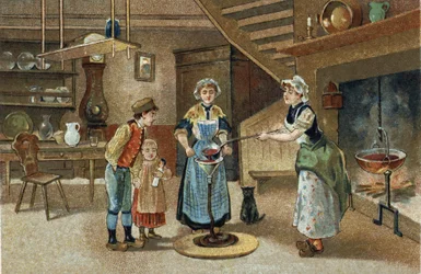 Antigo costume celebrado na região do Dauphiné: La boudinée. A cromolitografia do final do século XIX.