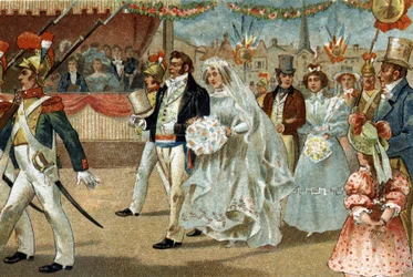Antigo costume celebrado na região de Ile de France: o Rosière de Nanterre. Cromolitografia do final do século XIX.