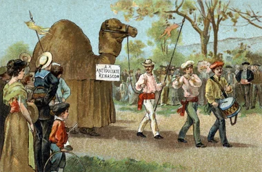 Antigo costume celebrado na região de Languedoc: O passeio de camelo no dia de Santa Afrodite. Cromolitografia do final do século XIX.