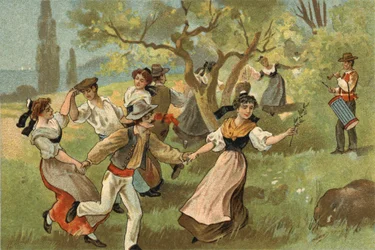Antigo costume celebrado na região da Provença: o farandole para os festivais de colheita do bicho-da-seda. Cromolitografia do final do século XIX.