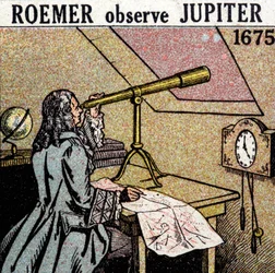 Ole Christensen Romer (Olaus Roemer), astrónomo dinamarquês (1644-1710) observa os eclipses dos satélites de Júpiter