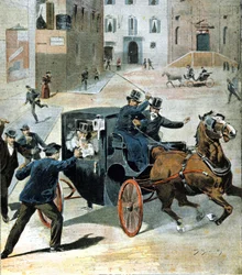 A 16 de Junho de 1894, em Roma, o anarquista Paolo Lega disparou um revólver contra Francesco Crispi, Presidente do Conselho Italiano. Ilustração do período.
