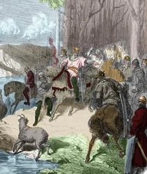 Na véspera da Batalha de Vouille (507) Clovis I encontra, após uma corça, uma pista sobre a Viena revelada pelos lírios. Ele carrega a flor como penhor de vitória e a toma como seu emblema. Gravura em "Histoire De France En Cent Paintings" de Paul Lehuge