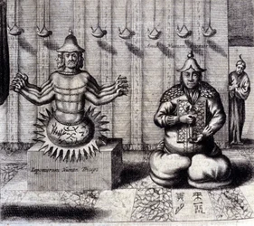 À esquerda, a divindade hindu tem oito braços, à direita Amida, Buda japonês. "De China Monumenta", de Athanasius Kircher (1601 - 1680), jesuíta, orientalista e erudito alemão, Amsterdam 1667.