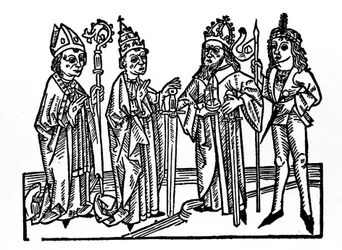 À esquerda: o bispo, o papa, o imperador e o nobre cavaleiro. Os principais representantes das classes sociais da era feudal. Gravura de "Leben der Heiligen - sommerteil" (O livro do santo) de Jacobus (Tiago) de Voragine (1228-1298). Lu