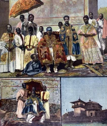 No topo está o Impress Taitou da Etiópia, esposa de Menelik II e sua sequela. Na parte inferior esquerda está a sua filha, a futura rainha Zaouditou (1876 - 1930). À direita, o Palácio Imperial Ghebi em Adis Abeba. Ill. para a imprensa do final do século X