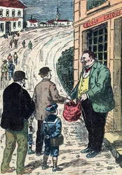 Oposição entre escola laica e escola privada em França Caricatura de "Le pelerin" 24/03/1912 Collection privee