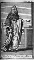 Ordens do Knight. Chevalier de Saint Michel em França, no século XV. Na "História das ordens militares ou cavaleiros, das milícias seguras e de rotina de ambos os sexos, que foram estabelecidas até agora. Edição tirada de Abbe Giustiniani, R.P.Bonani, M
