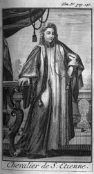 Ordens do Knight. Cavaleiro de Santo Estêvão na Toscana, no século XVI. Na "História das ordens militares ou cavaleiros, das milícias seguras e rotineiras de ambos os sexos, que foram estabelecidas até agora". Edição tirada de Abbe Giustiniani, R.P.Bonani,