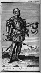 Ordens do Knight. Cavaleiro da Espada na Suécia, no século XVI. Na "História das ordens militares ou cavaleiros, das milícias seguras e de rotina de ambos os sexos, que foram estabelecidas até agora. Edição tirada de Abbe Giustiniani, R.P.Bonani, M. Her