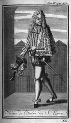 Ordens do Knight. Noviça do Espírito Santo (Ordem do Espírito Santo) na França no século XVI. Na "História das ordens militares ou cavaleiros, das milícias seguras e rotineiras de ambos os sexos, que foram estabelecidas até agora". Edição tirada de Abbe