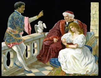Otelo, Desdémona e Iago - em «Otelo, o Mouro de Veneza», de Shakespeare (1604). Cromolitografia do século XIX.