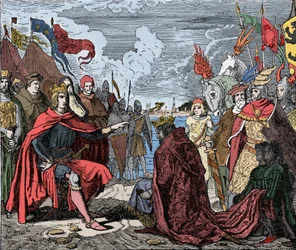 Ottokar II (1230-1278) homenagem a Rudolf I - Ottokar II (1233-1278) rei de Boheme, presta homenagem a Rodolfo I do Santo Império (ou Rodolfo IV de Habsburgo) (1218-1291), após a Batalha de Marchfeld, em 1278 -