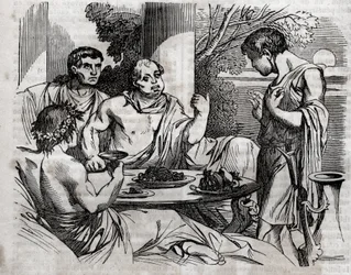 Cena do banquete ao ar livre - Vitellius (Aulus Vitellius Germanicus Imperator Augustus) Imperador romano (15-69) dando um banquete - gravação em "The Universal Health - Medical Guide for Families" 1852