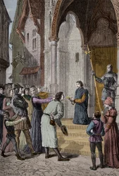 PERKIN WARBECK (c1474-1499) impostor flamengo; confesso ser Richard, Duque de York, segundo dos filhos de Edward Iv - Lendo sua confissão fora de Westminster Hall, Londres