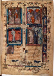 Página iluminada tirada do manuscrito ""Le Roman de la Rose"" de Guillaume de Lorris (por volta de 1200-1238) e Jean de Meun (Meung) (1240-1305) por volta de 1353 Suíça Bibliotheque de Geneve
