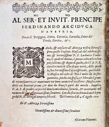 Página de dedicace a Ferdinand da Áustria na partitura musical de Sinfonie musicali de Ludovico Viadana
