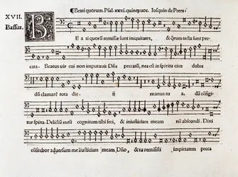 Página da partitura musical do salmo XIII do quórum Beati de Willaert (1538)