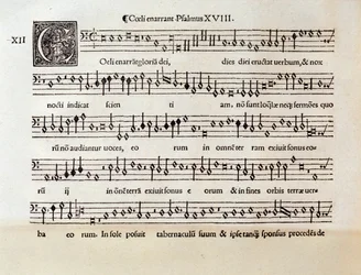 Página da partitura musical do Salmo XVIII do Coeli enarrant de Willaert (1538)
