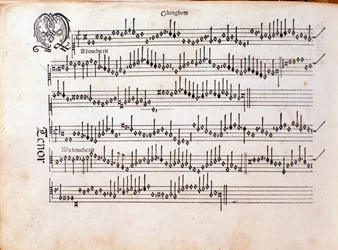 Página da partitura musical de Harmonice Musices Odhecaton de Ottaviano Petrucci (1501)
