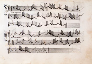 Página da partitura musical de Harmonice Musices Odhecaton de Ottaviano Petrucci (1501)