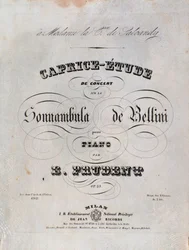 Página da partitura para um estudo de Caprice-study para piano de Emile Prudent baseado em La sonnambula de Vincenzo Bellini