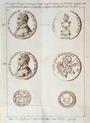 Página com retratos de Il melone, discorso armonico (manuscrito