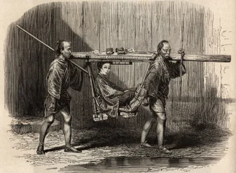 Palanquin tem o uso do povo, aberto, o usuário coloca seus pertences no telhado antes de se instalar para fazer a sua viagem. Gravura para ilustrar a viagem ao Japão em 1863-1864, de Aime Humbert, ministro da Confederação Suíça, em "Le tour du monde